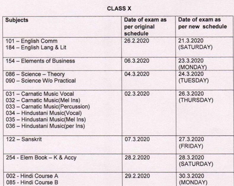 CBSE Datesheet Revised Class 10 for NE Delhi