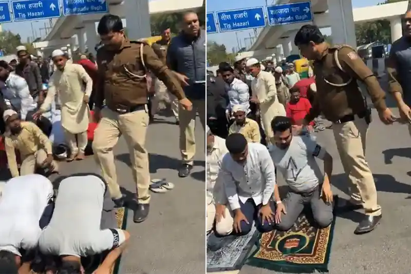 Watch: Delhi Police Officer kicks, shoves Muslims offering Friday prayers by roadside